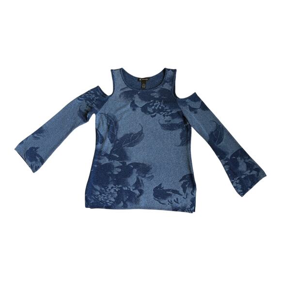 INC Y2K Style Boho Festival Floral Artsy Bell Sleeves Cold Shoulder Knit M Blue - Picture 5 of 8